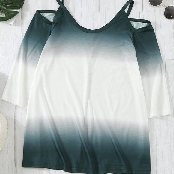 Ombre Dark Teal & Ivory Cold Shoulder Shirt - Picture 7 of 10